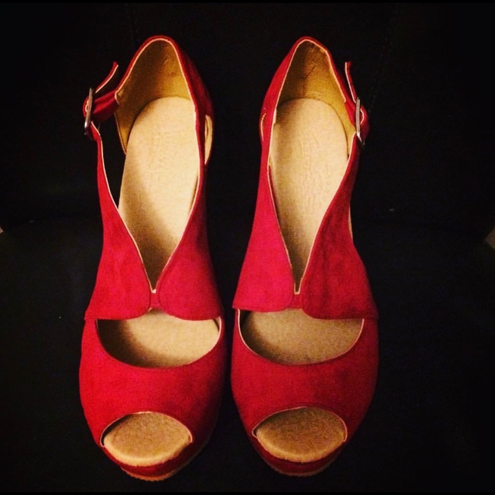Peep-toe platform wedges.